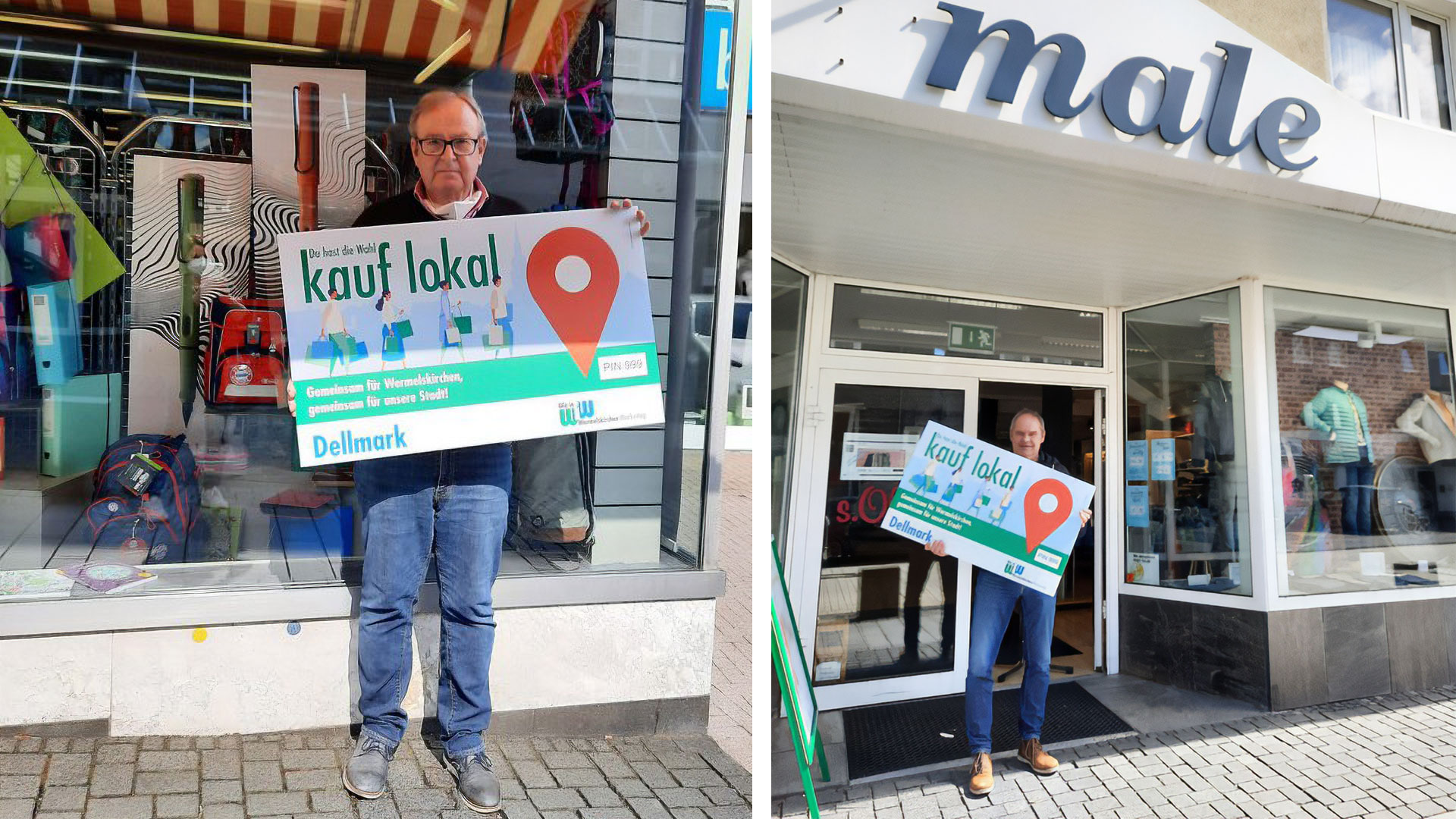 Händler mit Schild „kauf lokal“ vor ihren Geschäften, Aktion Digitale Dellmark