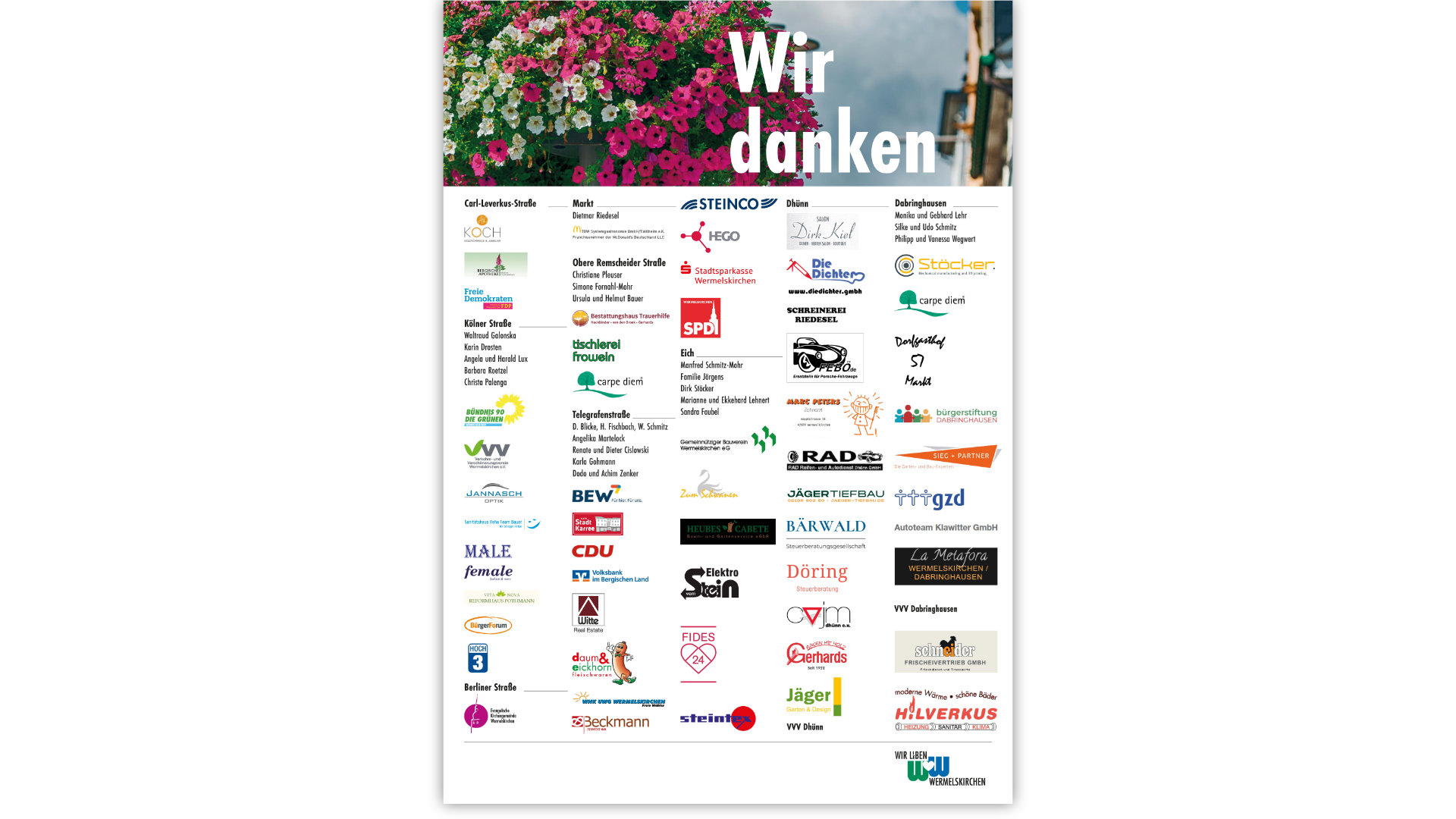Dankesplakat „Wir danken“ mit den Logos der Unterstützer der Blumenampeln