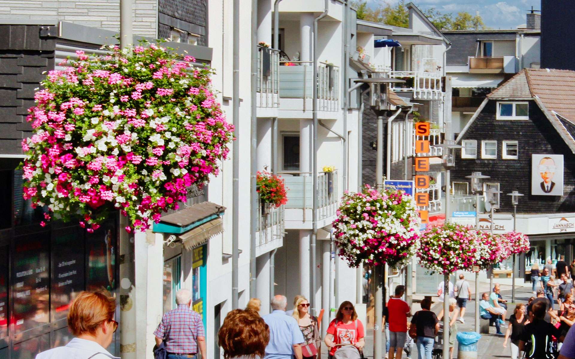Blumenampel an einer Laterne in der Fußgängerzone, Passanten im Hintergrund