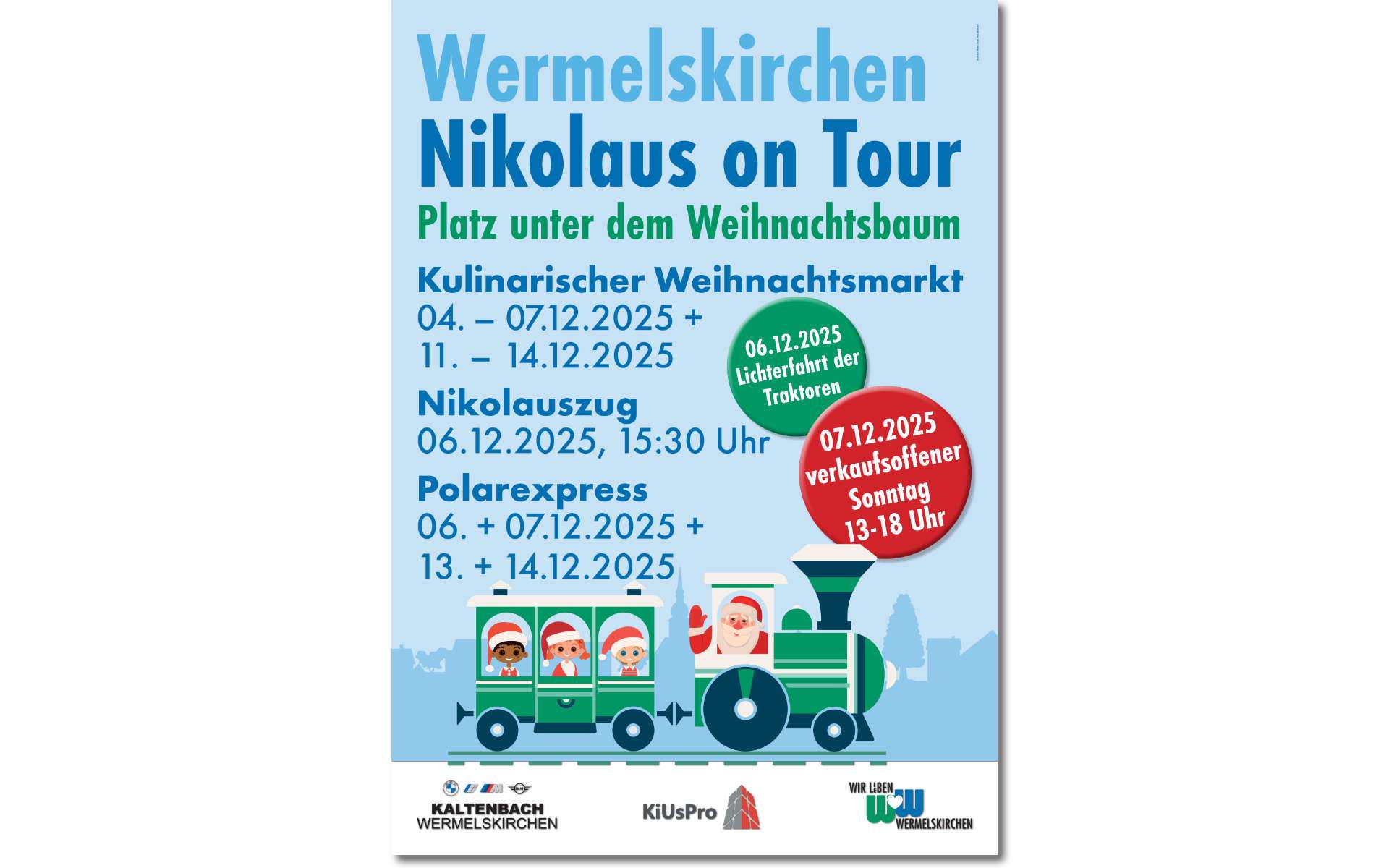 Plakat Nikolaus on Tour mit Terminen zu Weihnachtsmarkt, Nikolauszug und Polarexpress