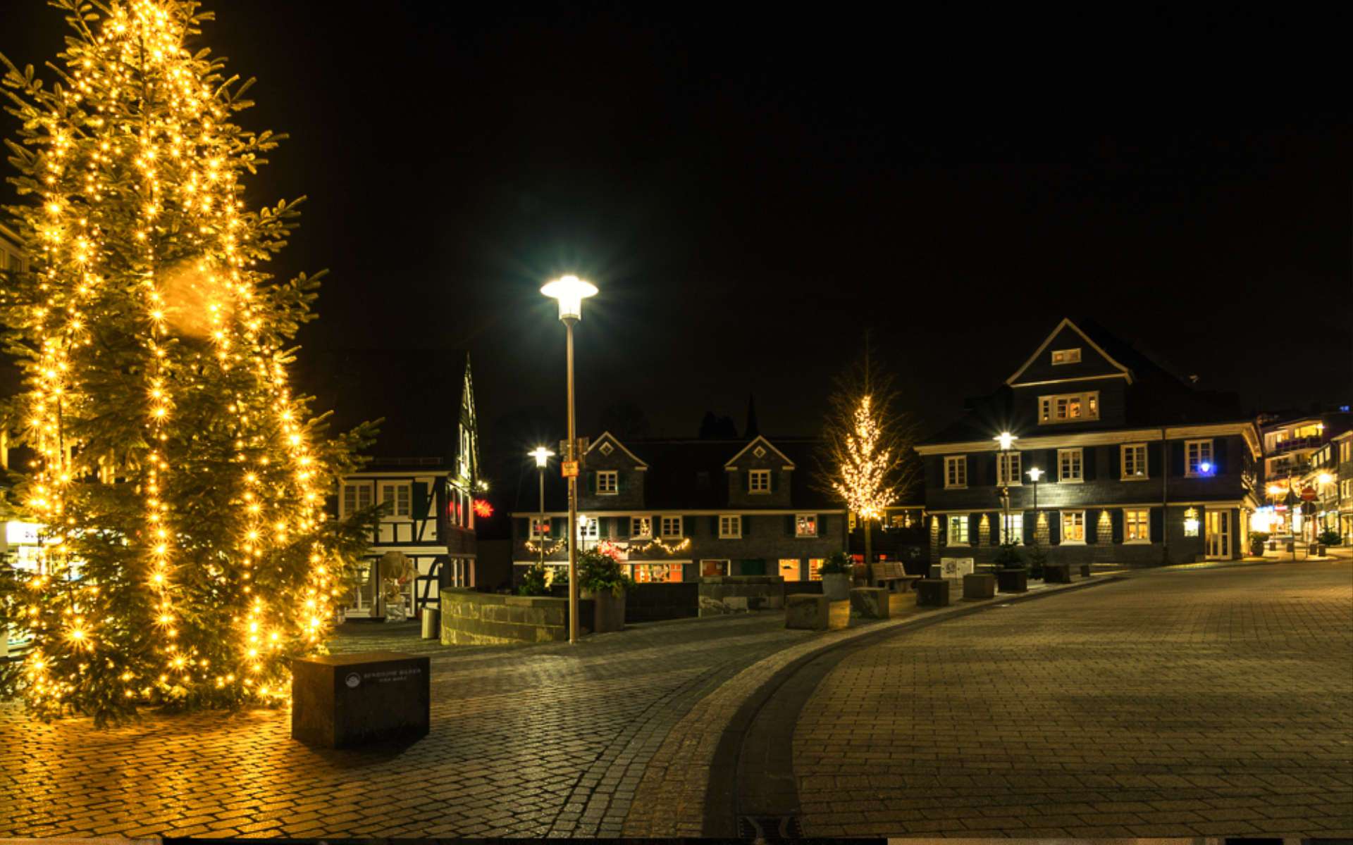 Beleuchteter Weihnachtsbaum auf dem Marktplatz bei Nacht