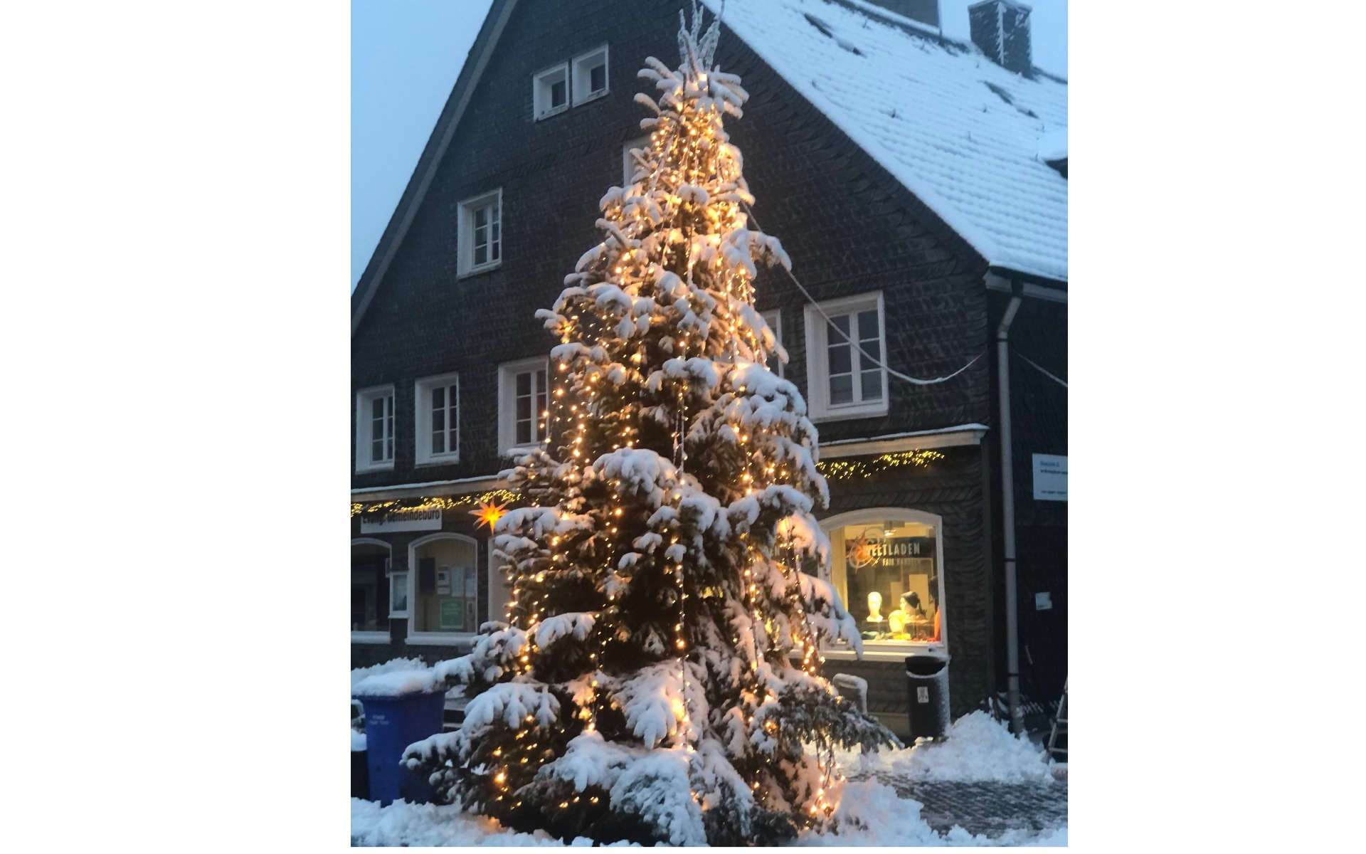 Verschneiter, beleuchteter Weihnachtsbaum vor einem Schieferhaus